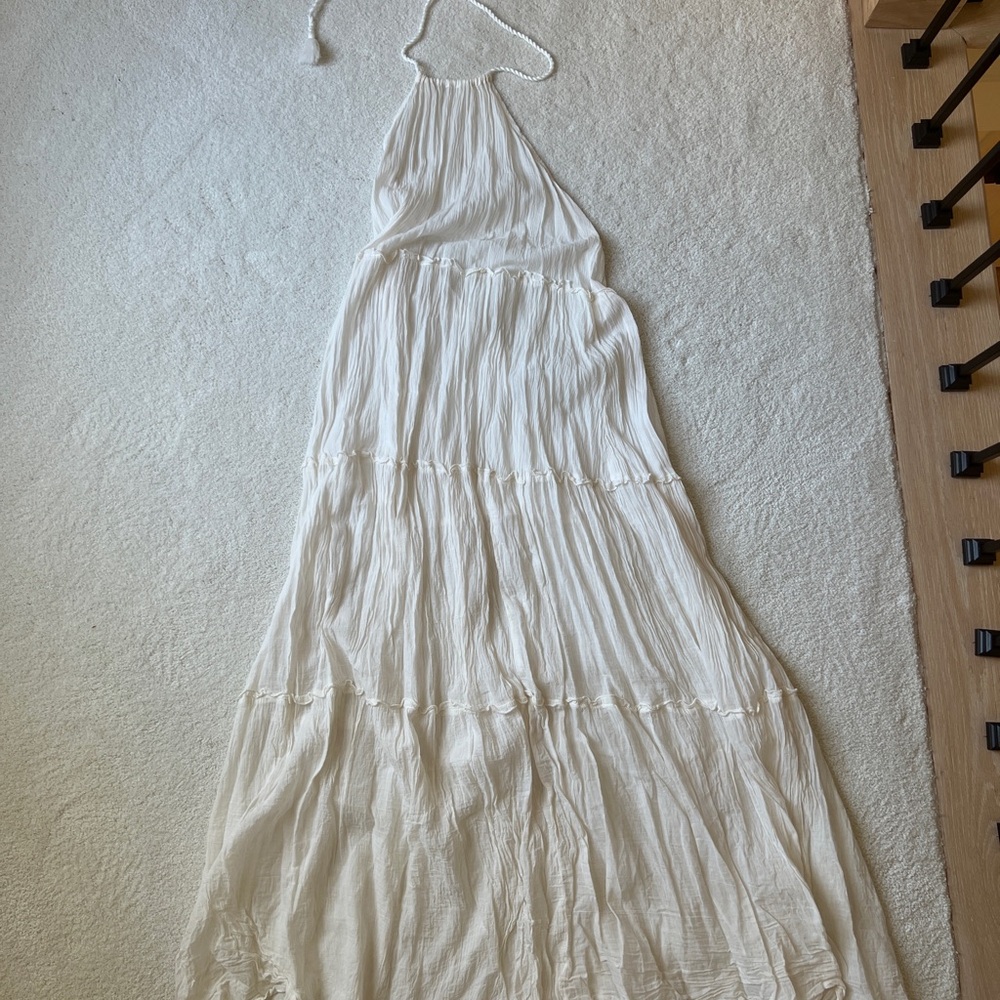 Lightweight White Halter Tiered Maxi Dress Coverup with a Low Back